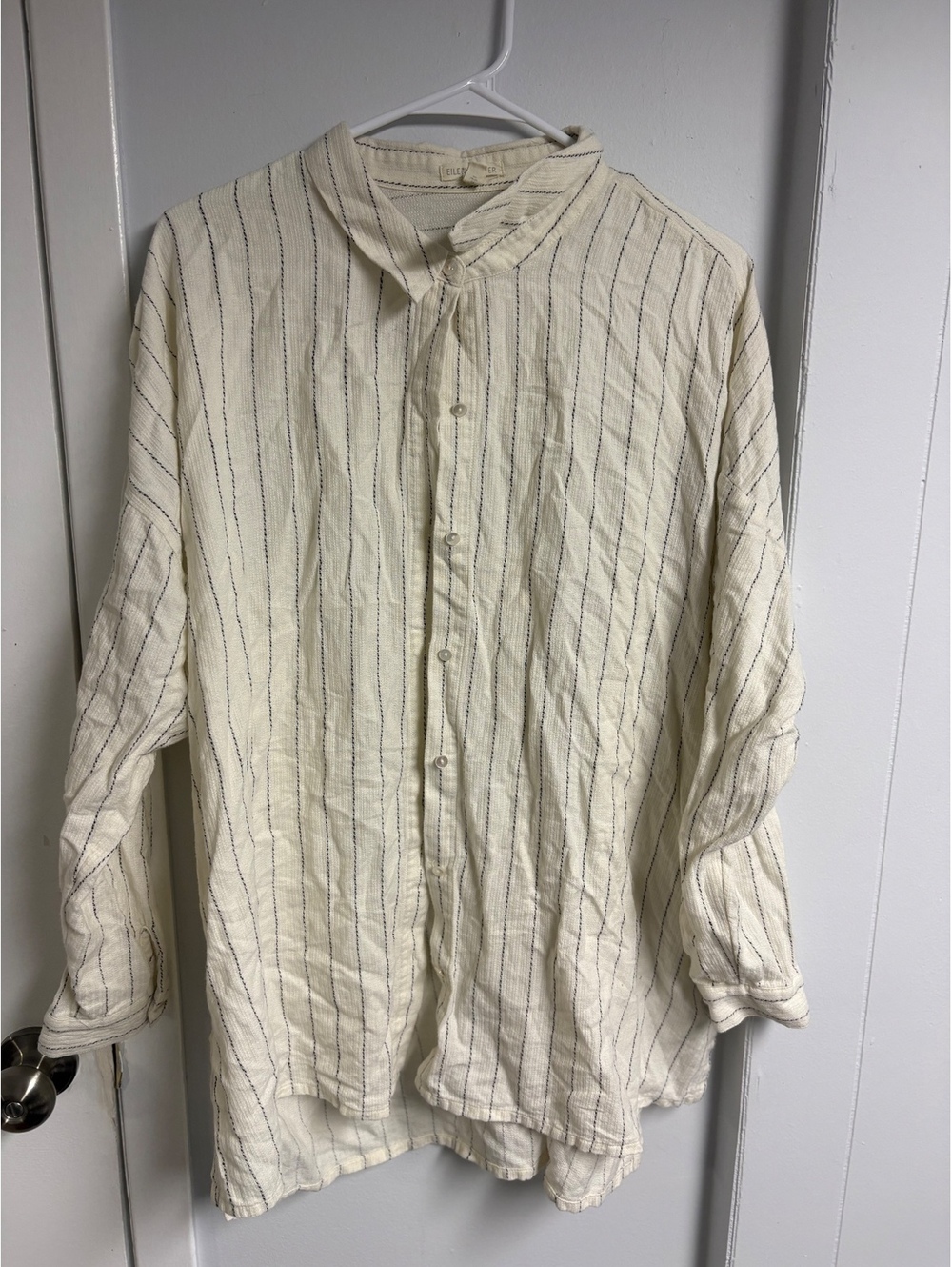 Eileen Fisher L/XL Cream and Black Striped Button-Up Blouse